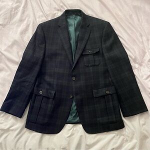 IZOD Plaid Wool Sport Coat Blazer Jacket Green Black Watch Tartan 2-Button 40S